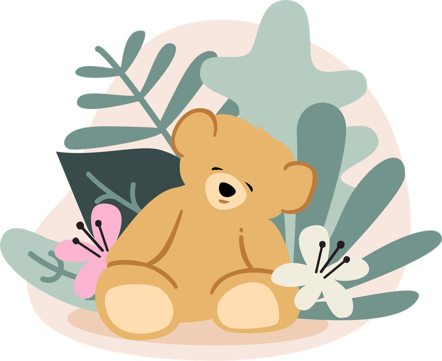 Illustratie van een teddybeer tussen de bladeren
